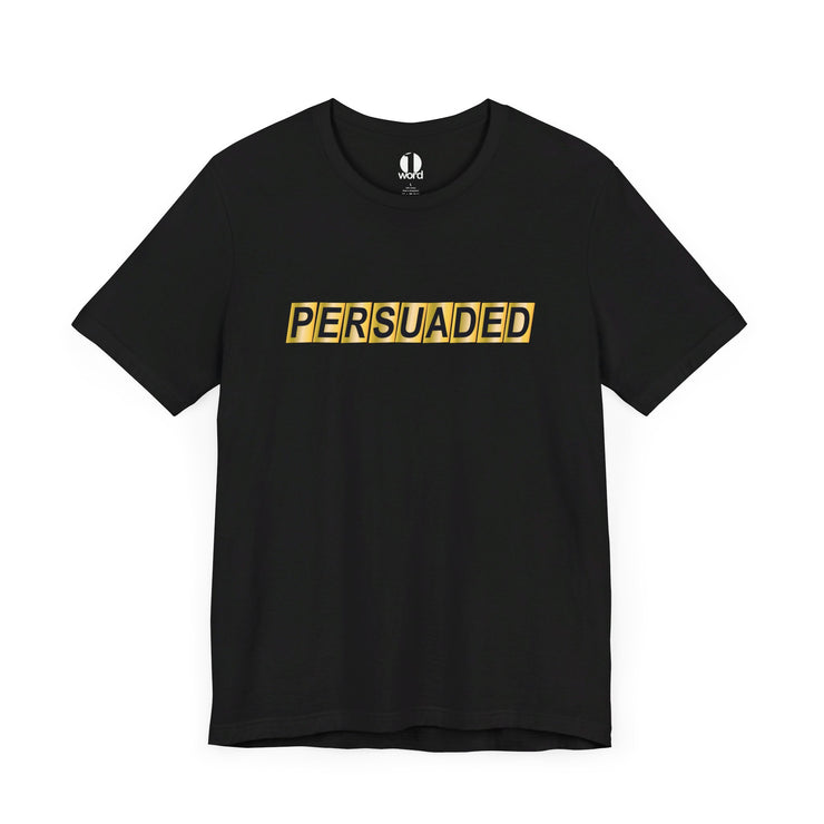 Black T-shirt with Persuaded graphic in style of mailbox letter