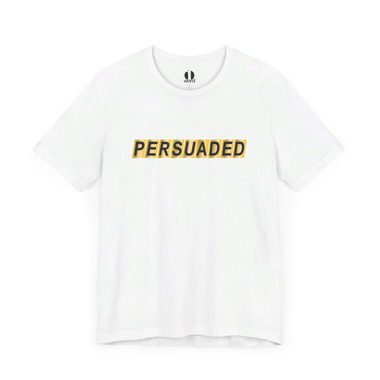 White T-shirt with Persuaded graphic in style of mailbox letter