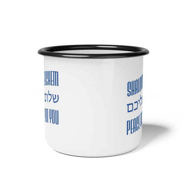 White mug with blue text 'Shalom Aleichem' and 'Peace Be Upon You' on a white background