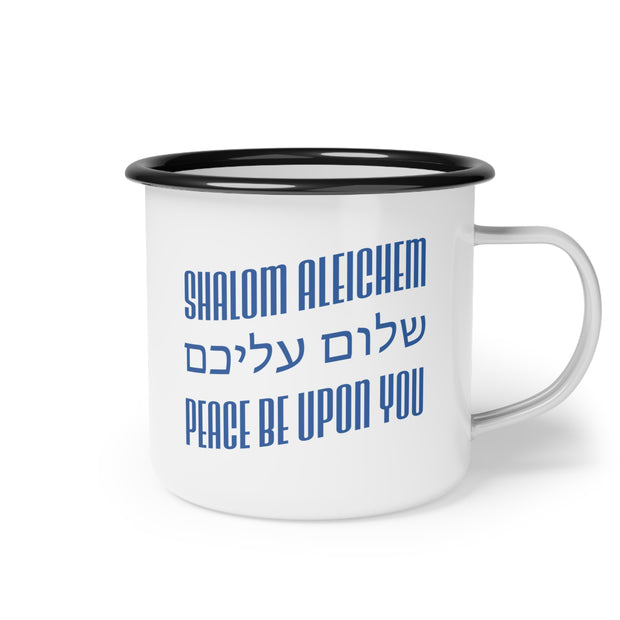 White mug with blue text 'Shalom Aleichem' and 'Peace Be Upon You' on a white background