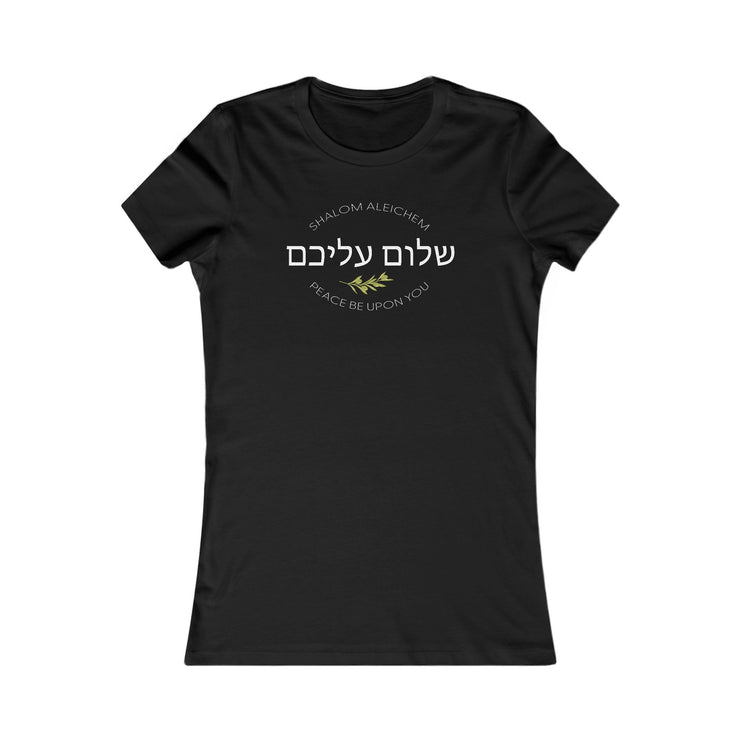Black womens T-shirt with Shalom Aleichem oval graphic