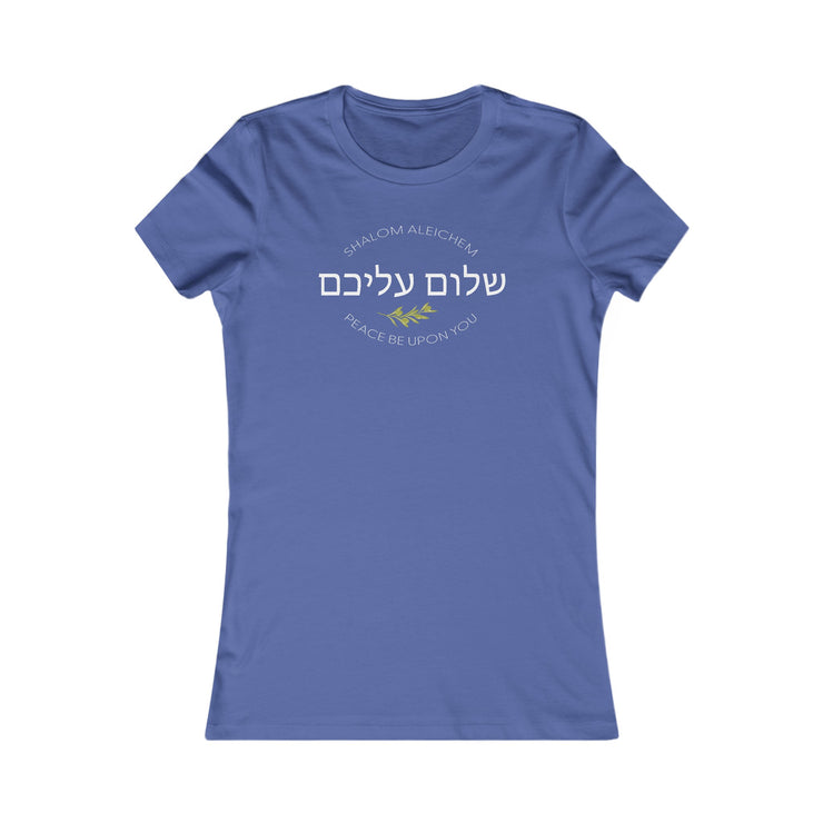 Blue womens T-shirt with Shalom Aleichem oval graphic