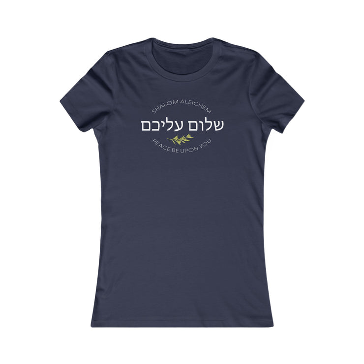Navy womens T-shirt with Shalom Aleichem oval graphic