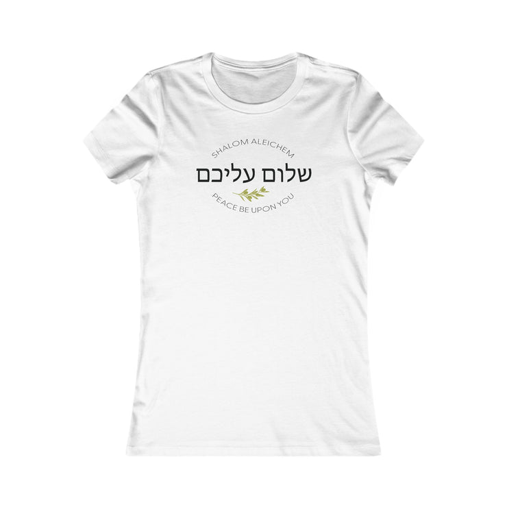 White womens T-shirt with Shalom Aleichem oval graphic
