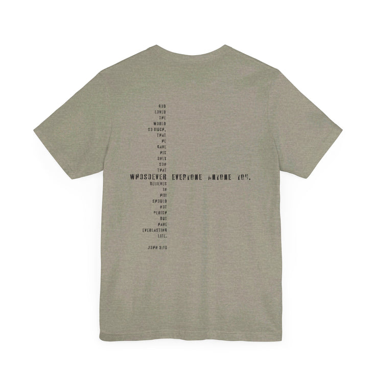 Heather stone T-shirt with Whosoever Graphic based on John 3:16