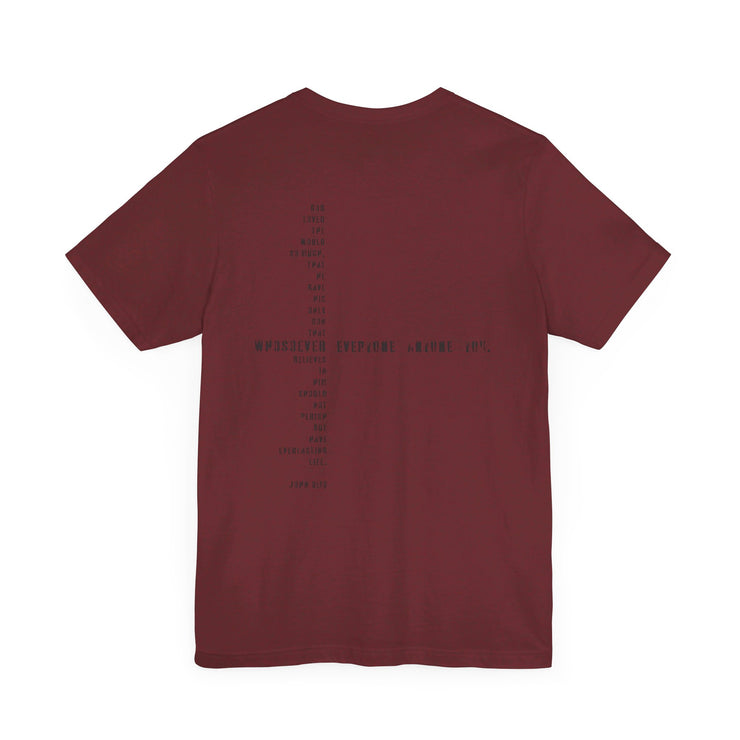 Heather cardinal T-shirt with Whosoever Graphic based on John 3:16