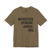 Heather military green T-shirt with Whosoever Graphic based on John 3:16