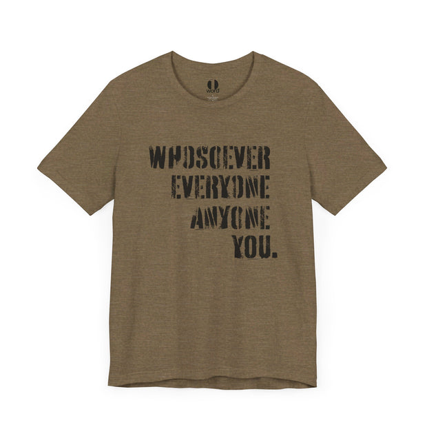 Heather military green T-shirt with Whosoever Graphic based on John 3:16