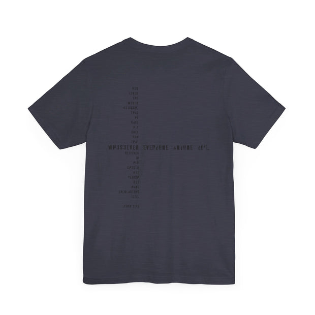 Navy blue heather T-shirt with Whosoever Graphic based on John 3:16