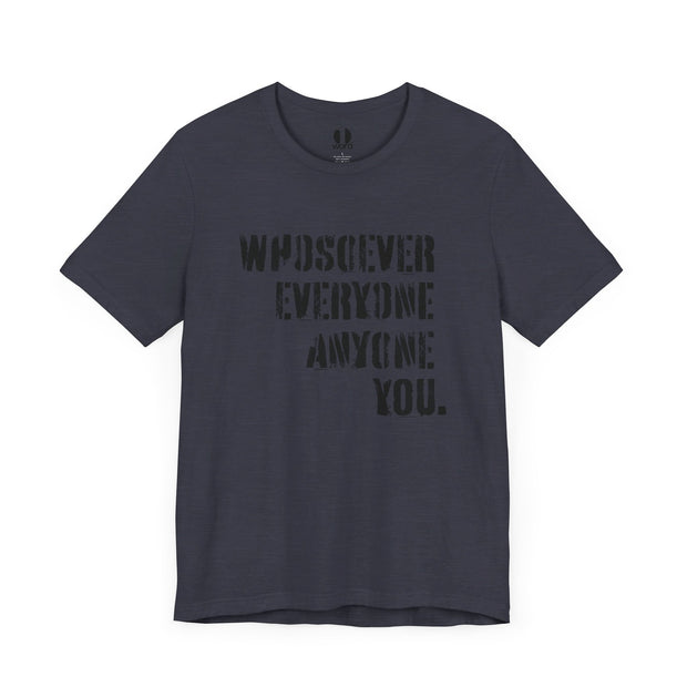 Navy blue heather T-shirt with Whosoever Graphic based on John 3:16