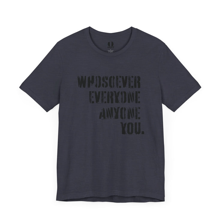 Navy blue heather T-shirt with Whosoever Graphic based on John 3:16
